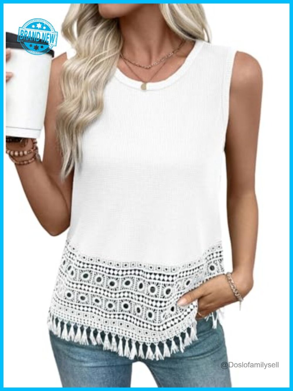 Womens Crochet Lace Boho Waffle Knit Tank Top